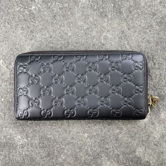 Gucci Black Monogram Leather Zip Wallet Interlocking GG Zipper Pull - Picture 7 of 14